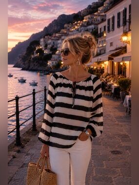 Ann Taylor Black White Sheer Striped Peasant Blouse Tie Neck Size L